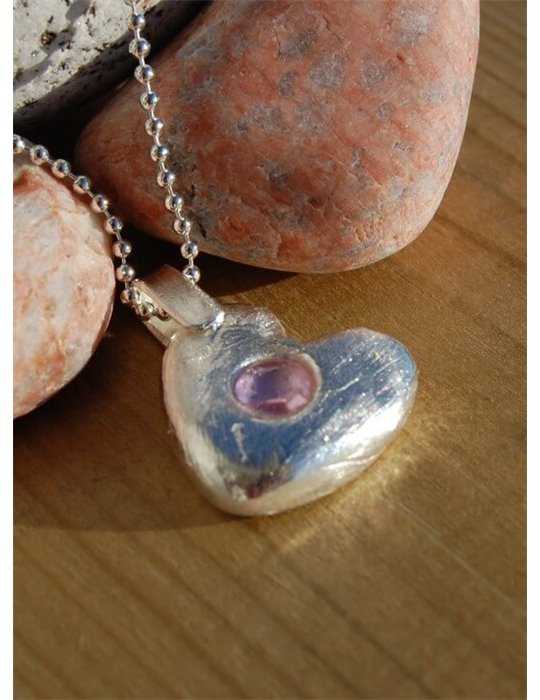 Massivt silverhjärta med rosa sten