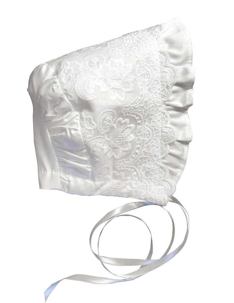 Topkappe i hvidt broderistof med broderi