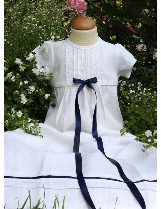 vit Dopklänning med Marinblå rosett